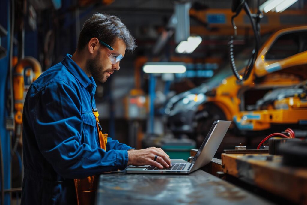 high angle view of a mechanic using a laptop to diagnose and repair a car in a garage.