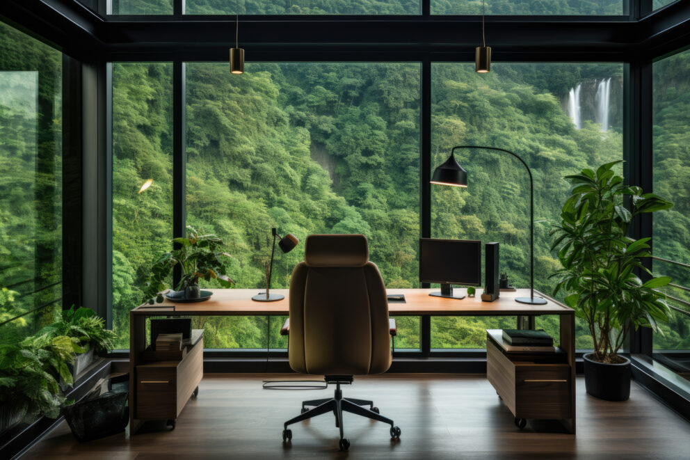 Step into an enchanting forest green office interior, where nature meets productivity, creating a serene oasis that boosts creativity and rejuvenates with its calming greenery, natural light